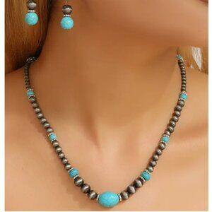 Bohemian Natural Turquoise, Grey Beads & Silver Spacers Necklace & Earring Set